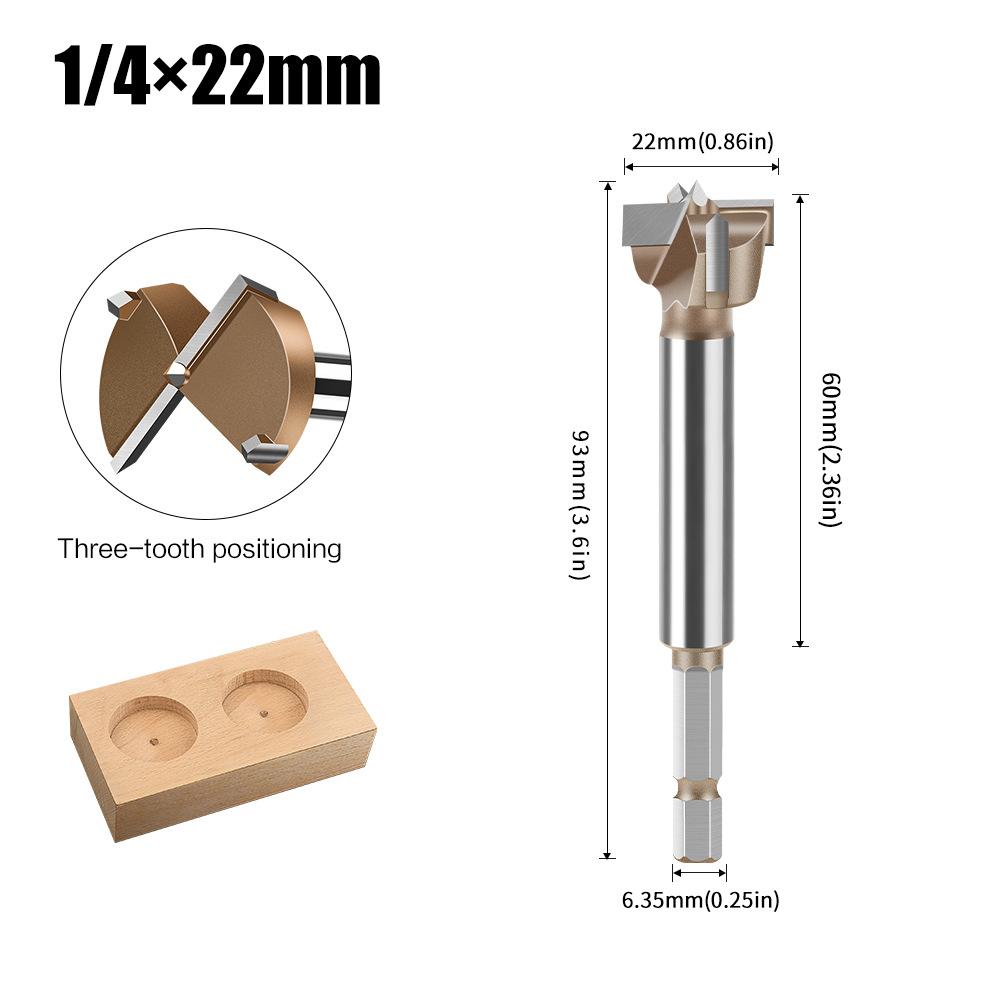 10mm to 50mm Professional Hexagonal Shank Woodworking Hinge Boring Bit Tungsten Carbide Blade Three-Tooth Double Blade Design