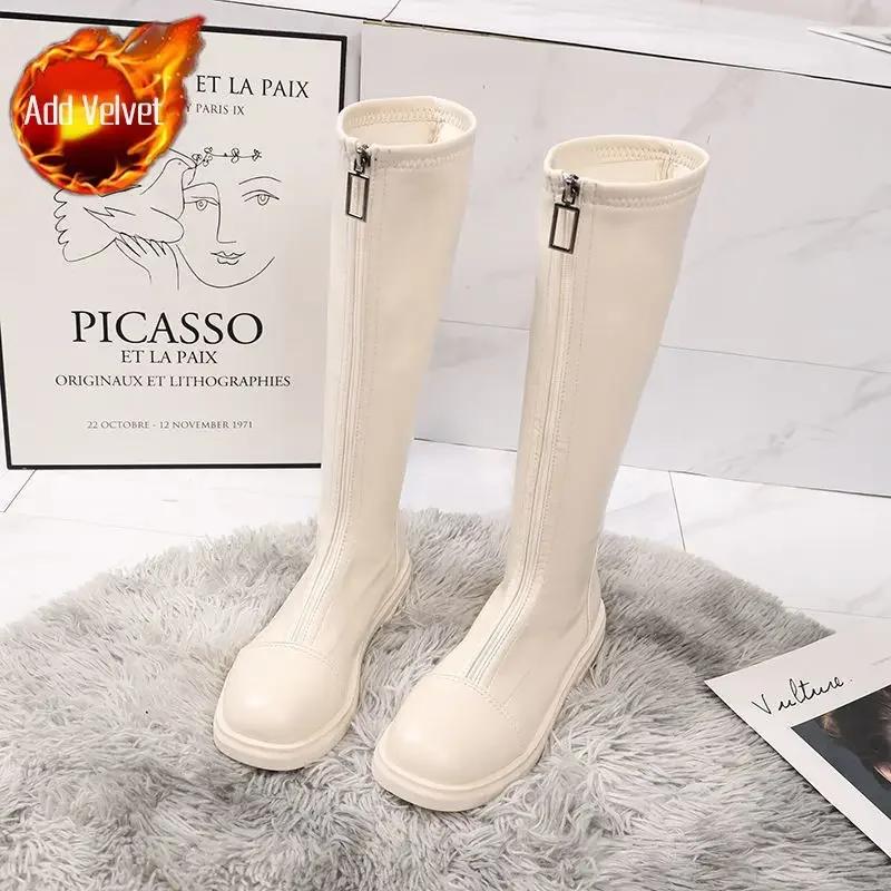 Elastische Kniehohe Schaftschuhe Frau Große Größe Warm Flache Lange Stiefel für Frauen Frühling 2025 Chic und Elegant Gyaru Y2k Pu Trend 39