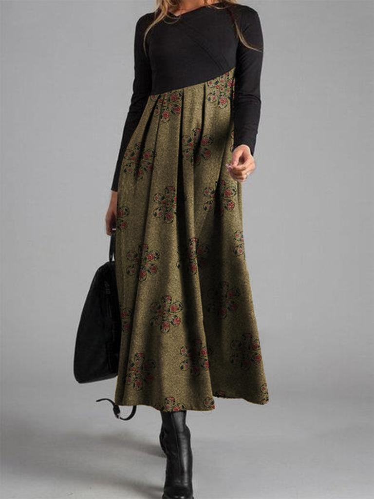 Women Color Block Floral Print Long Sleeve Maxi Dress Casual Loose A Line Long Dress S-XXXL