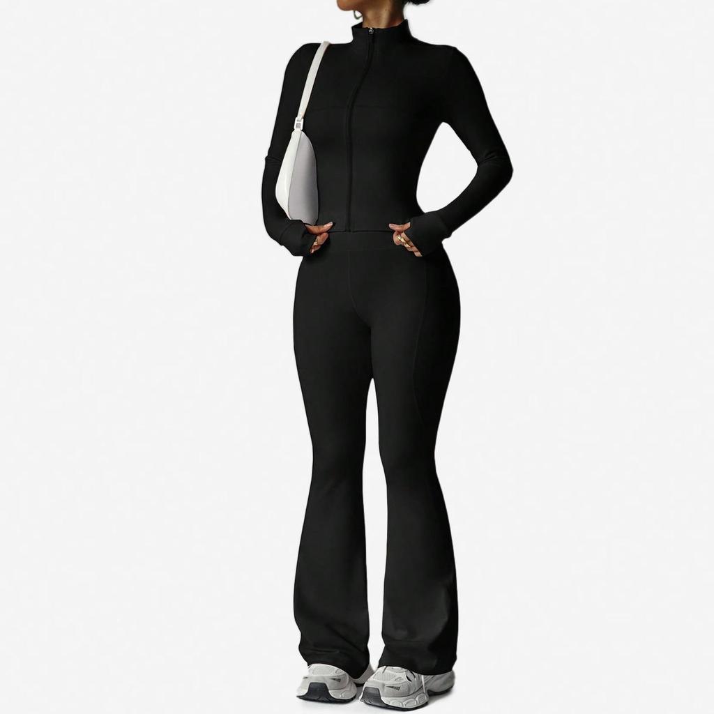 Waist-Cinching Yoga Set: Long-Sleeve Jacket & Butt-Lifting Micro-Flare Pants - Women's Sportswear for Autumn/Winter.
