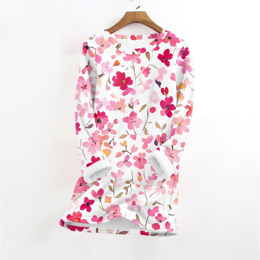 Women's Fashionable Printed Round Neck Long Sleeved Plush Warm Pullover Top