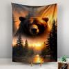 Tapestry Brown Grizzly Bear Misty Pine Forest Sunset River Nature Wall Hanging for Cabin Lodge Wildlife Bedroom Decor