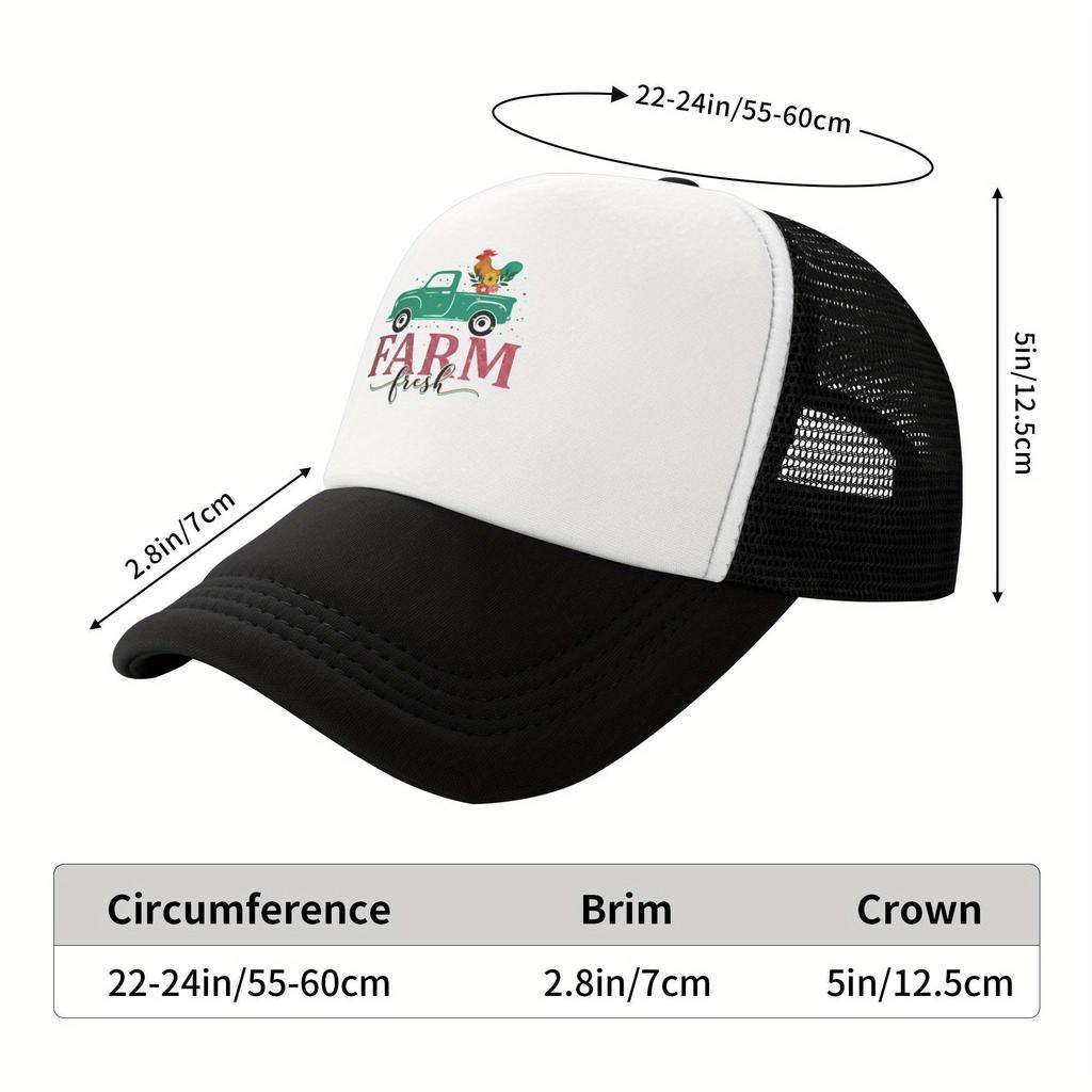 Farm Fresh Truck Rooster Graphic Trucker Hat Polyester Mesh Breathable Casual Unisex Cap