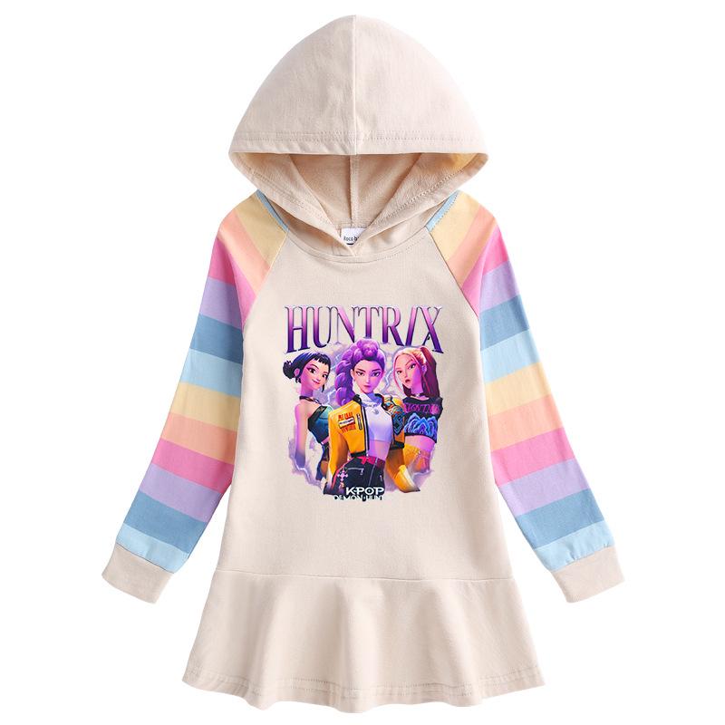 Kpop Demon Hunter Rainbow Princess Hoodie Dress - Girls' Long Sleeve Ruffle Design