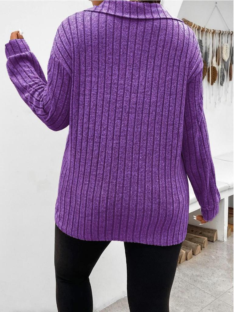 2025 Autumn/Winter V-Neck Long Sleeve Plus Size Women's Ribbed T-Shirt