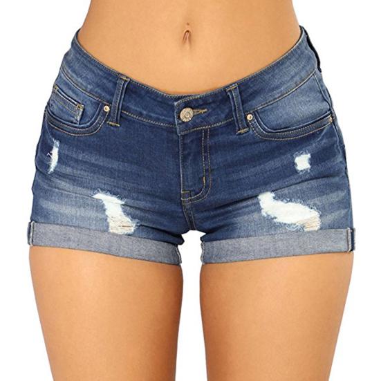 Women Jeans Ripped Mid Waist Solid Color Soft Short Jeans for Daily Wear
