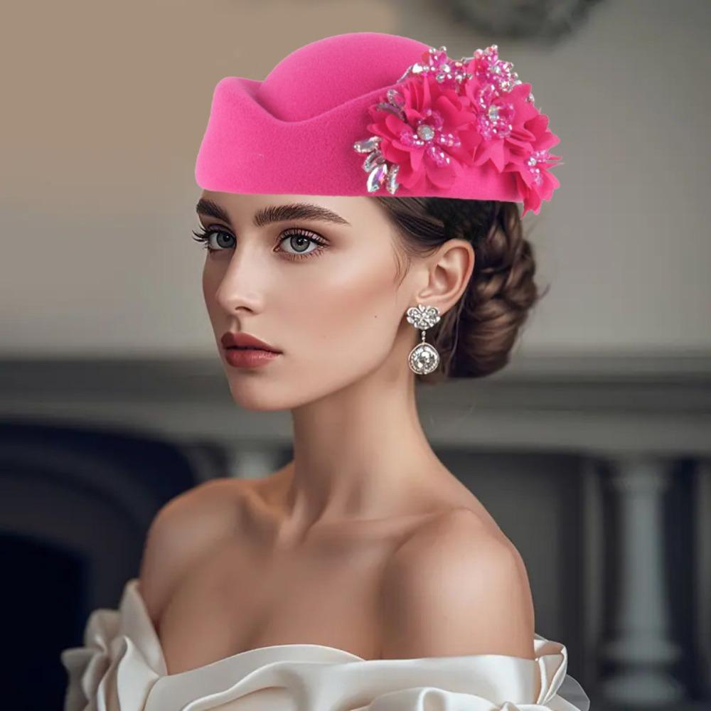 Cappello Turbante in Feltro con Fiore Moda Berretto Morbido Vintage Berretti Casual Cappellino da Tea Party per Donne