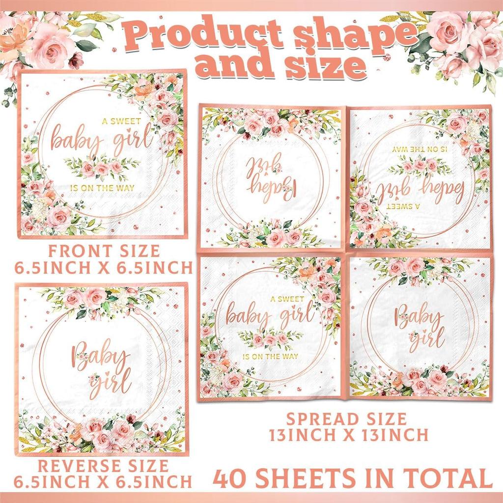 40pcs Sweet Baby Girl Napk Rose Gold Baby Shower Napk Disposable Watercolor Pink Floral It's a Girl Paper Napk for Girls Baby Shower Party Supplies
