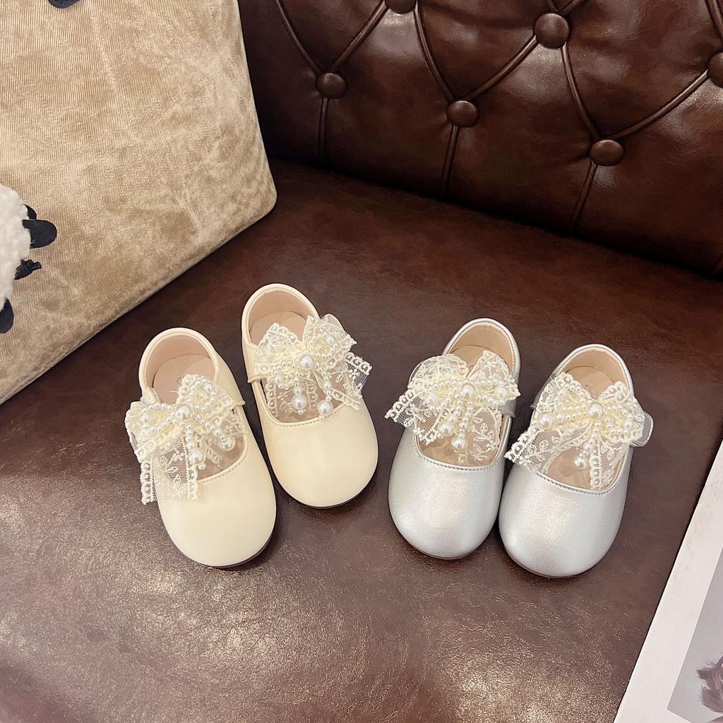 2025 autumn new girls' leather shoes Korean version children's bow lace pearl lace girls princess shoes single shoes