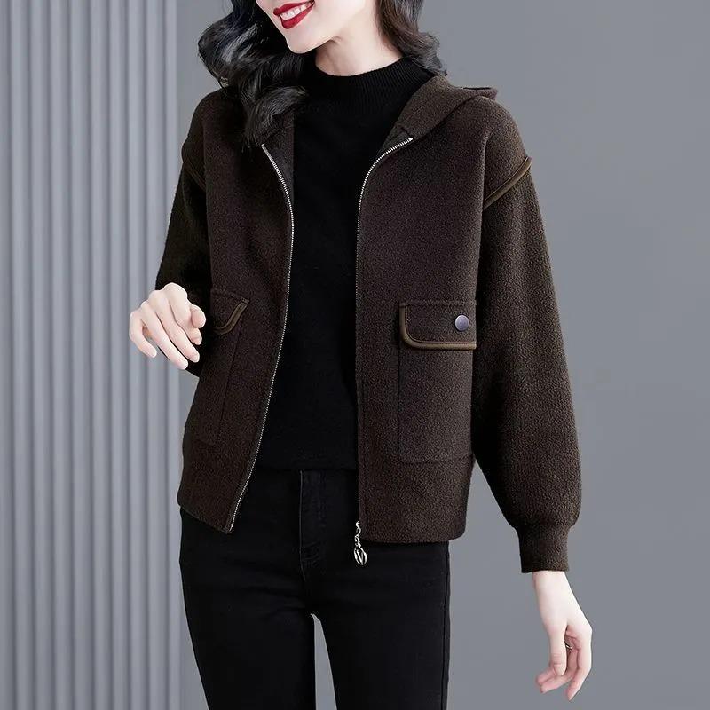 

Autumn and Winter Solid Color Zipper Hooded Pocket Cardigan Fashionable Casual Jacket Top L коричневий