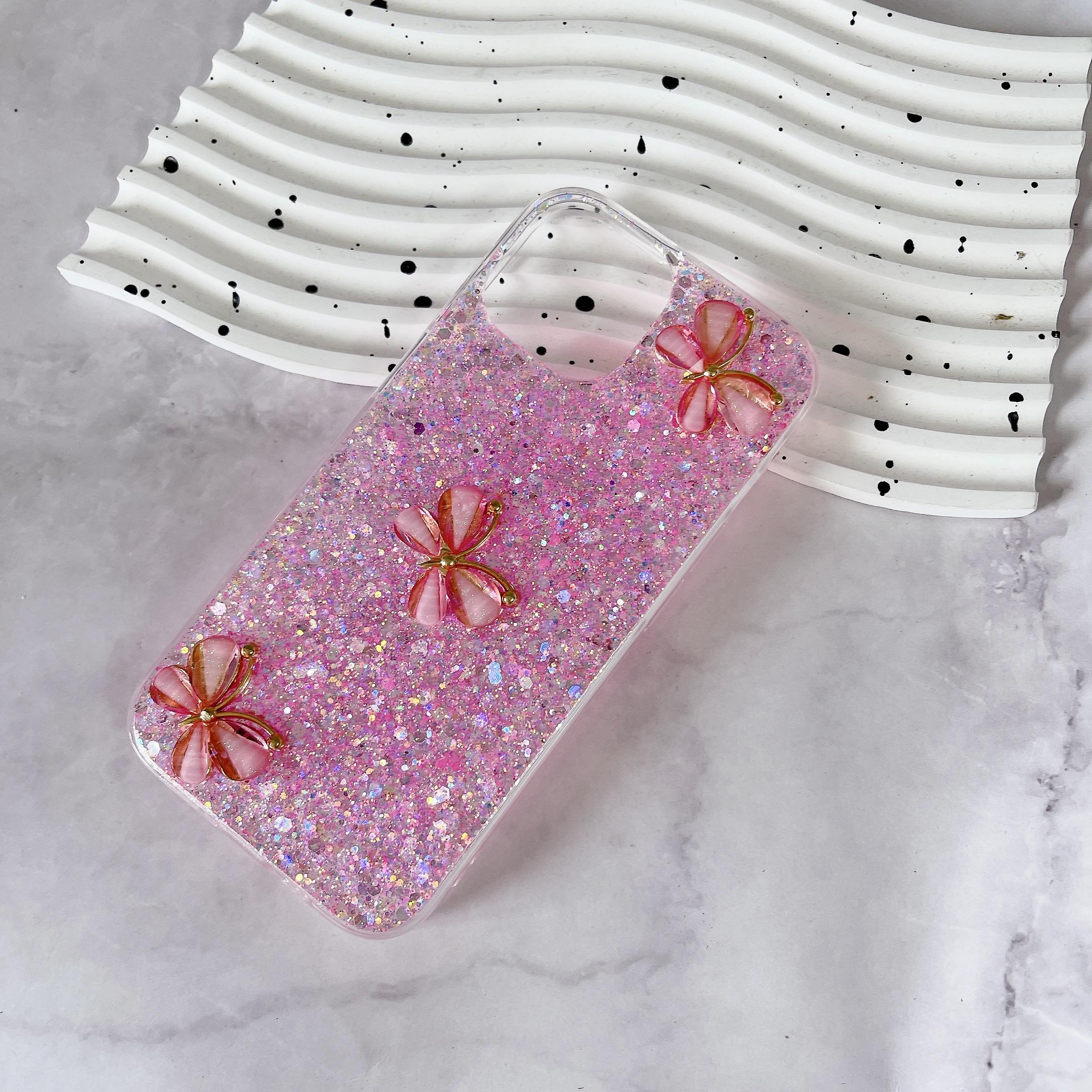 

Чехол-бампер с 3D бабочкой и блестками для iPhone 15, 14, 13, 12 Pro Max, Samsung Galaxy Girls, милый мягкий силиконовый противоударный чехол для задней панели iPhone 13 розовый