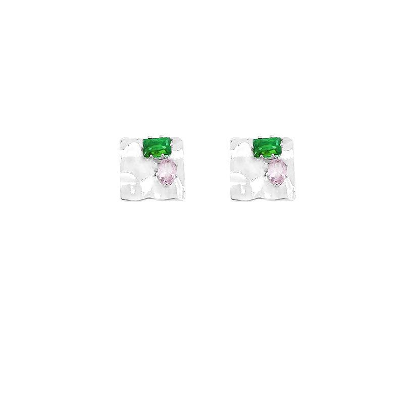 Silver needle irregular diamond-set square stud earrings female design sense versatile Korean earrings French retro ear jewelry