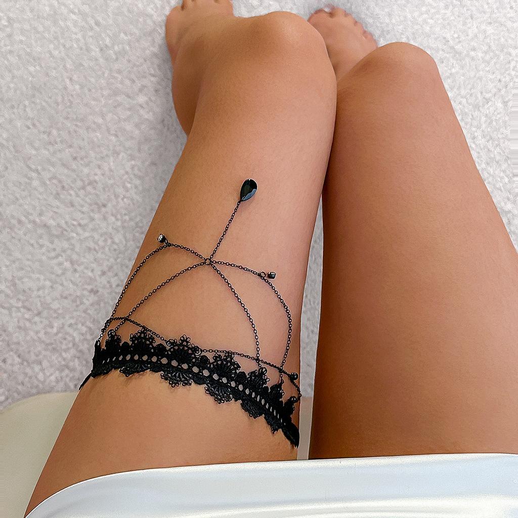 Sexy Multi-Layer Tassel Metal Tag Leg Ring Leg Chain Sweet Cool Black Lace Thigh Chain