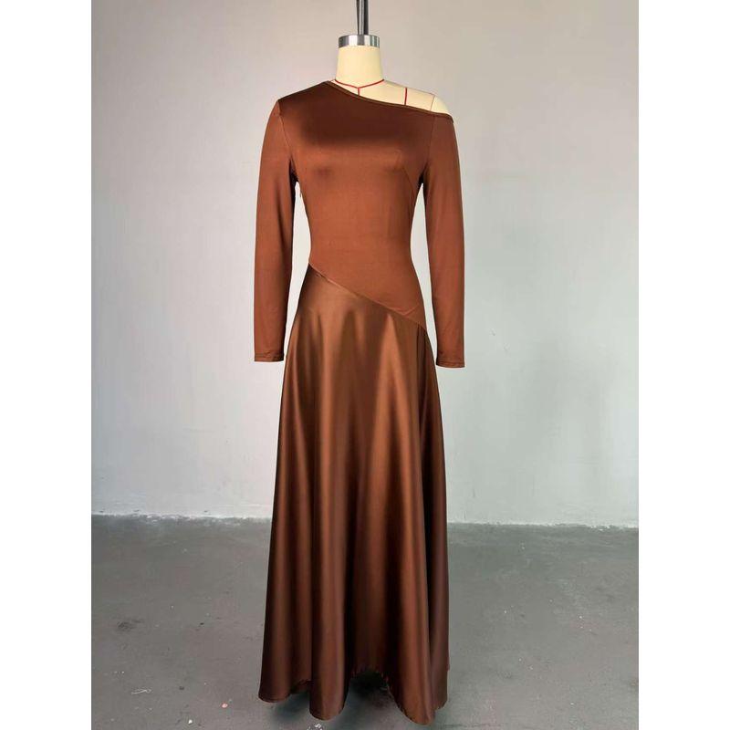 

Fashion New Fashion Sexy One-Shoulder Cold-Shoulder Long Sleeves Dress Sexy Slanted Collar Dress Brown M