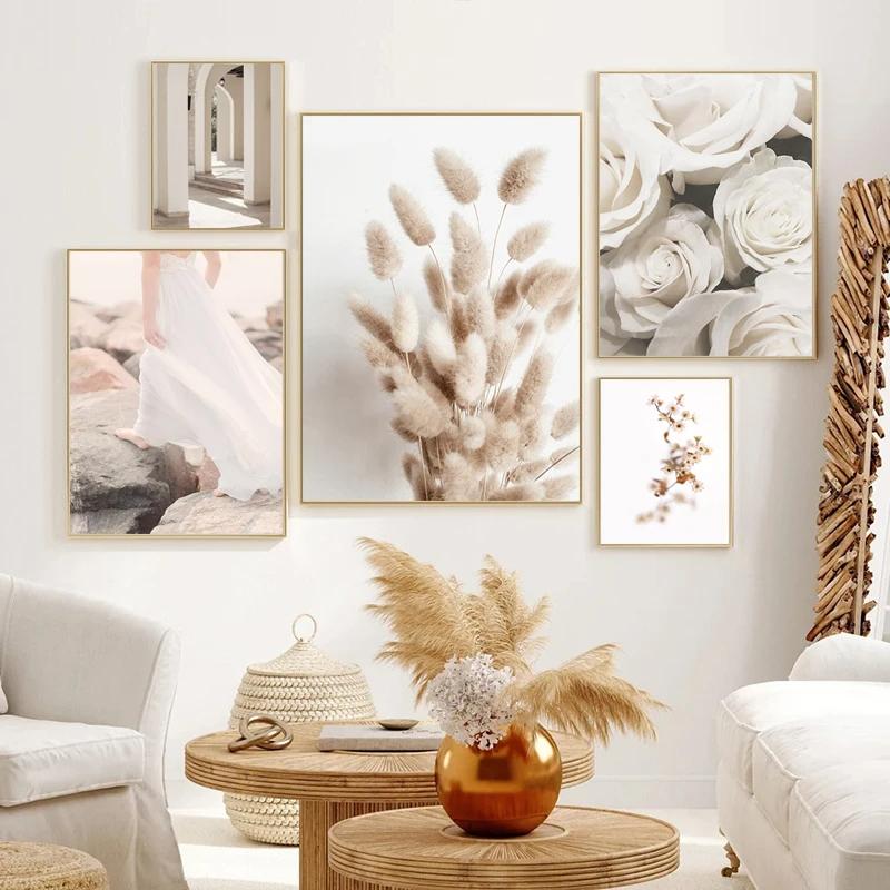 Beige Schilf Wandkunst Leinwanddruck Poster Landschaft Blume Figur Nordisch Modern Dekorative Malerei Elegante Bilder Wohnzimmer