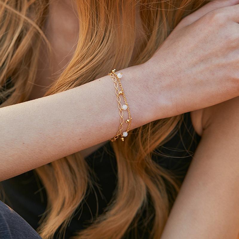 Women 18k Real Gold Double Layer Adjustable Bracelet White Zircon Lobster Clasp Hand Jewelry