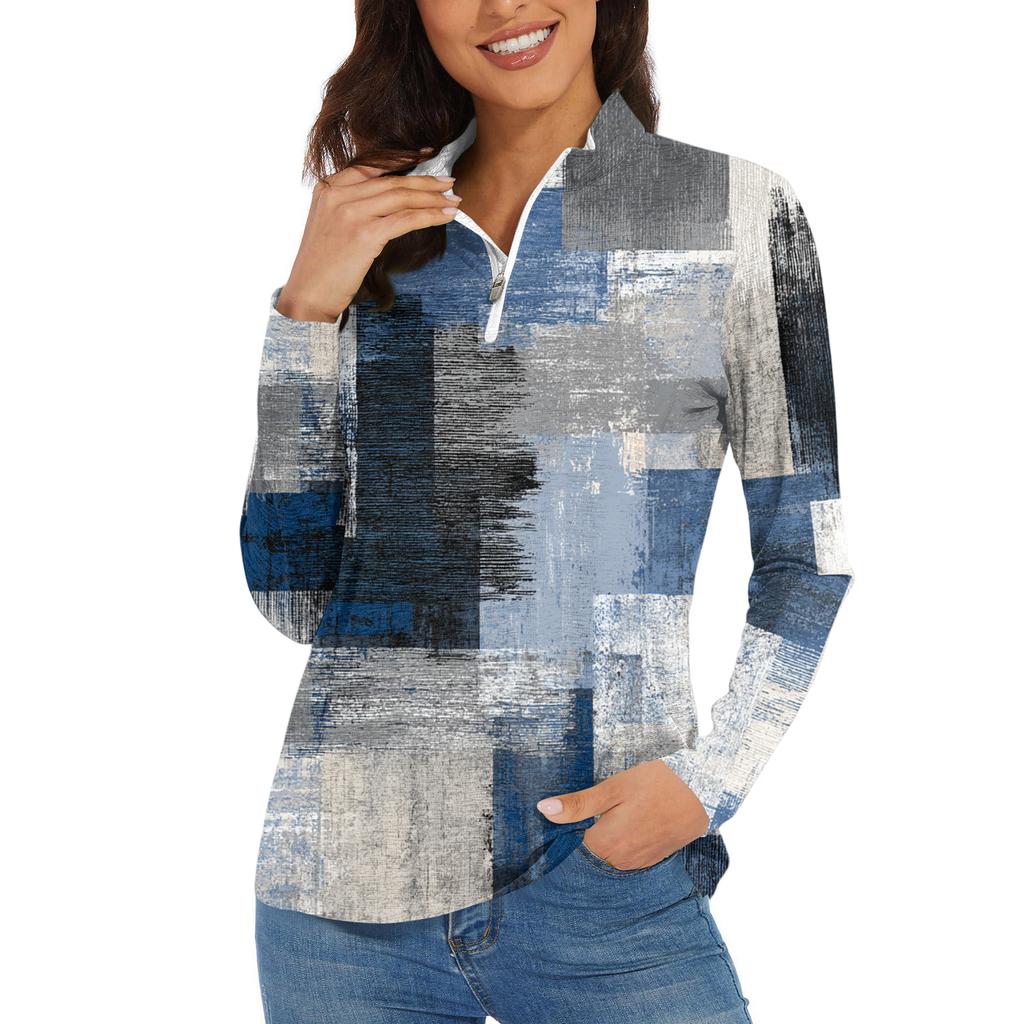 Women's Casual Fashion Retro Floral Print Long Sleeve Zipper Neck Top T-shirt