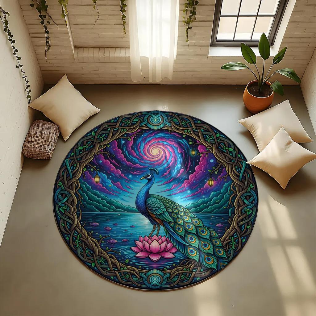 Lotus Flower Round Rug Hummingbirds & Cosmic Mandala, Boho Decor Soft Rugs Coffee Table Carpets Lounge Foot Mat Washable