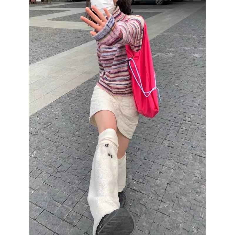 Japonský Y2k rolák Vintage duhově pruhovaný pulovr Korejská móda Pletený svetr Harajuku Grunge Pletenina