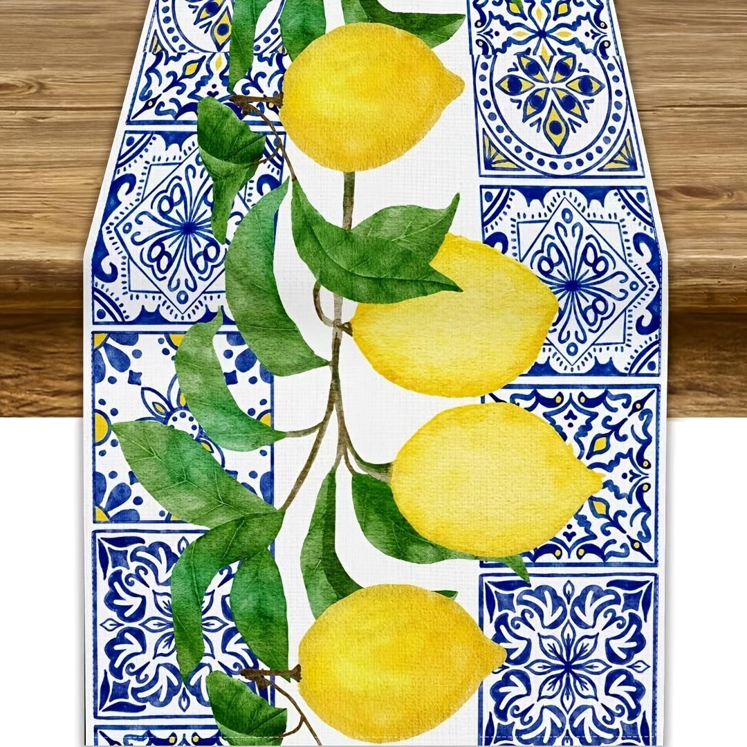 Chemin de table en lin Jaune Citron Carreau Bleu Décoration de Fête de Vacances Été Citron Fruit Plante Chemin de table pour Table de Cuisine Salle à Manger Décoration de Maison 150x33cm