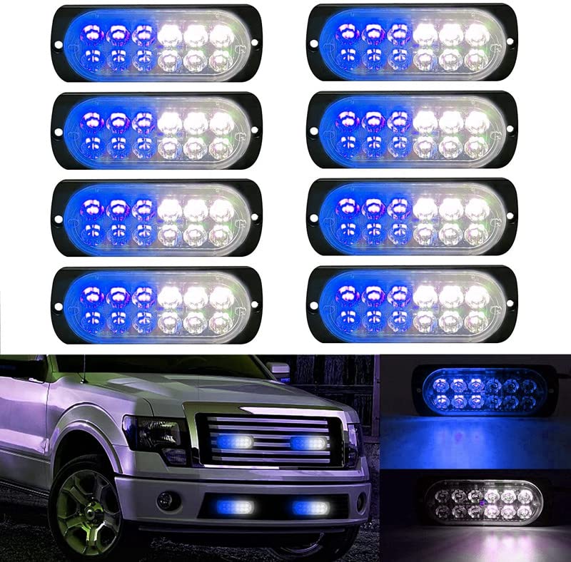 

Светодиодный аварийный предупреждающий комплект из 4 штук, 12 светодиодов, безопасный аварийный мигающий янтарный стробоскоп, водонепроницаемый свет, 12-24 В (Белый Синий)