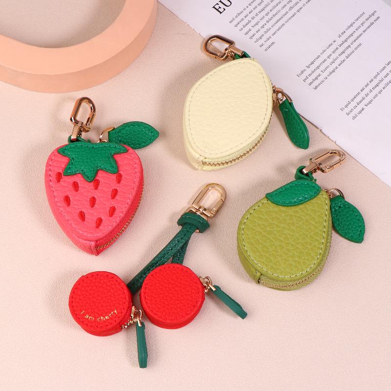 Mini Cherry Fruit Shape Coin Purse Strawberry Cute Pu Leather Pendant Korean Style Keychain Earphone Bag Mini Storage Bag