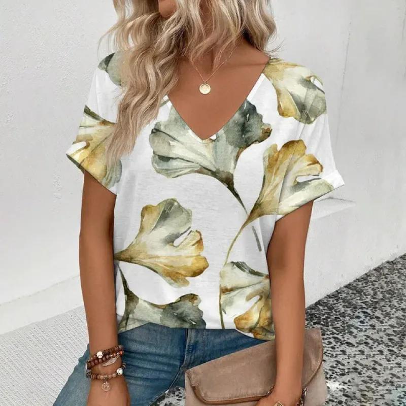 Women's V-neck T-shirt Fashion Fragmented Flowers Pattern T-shirt Comfortable Leisure Elegant Short Sleeved Women's T-shirt