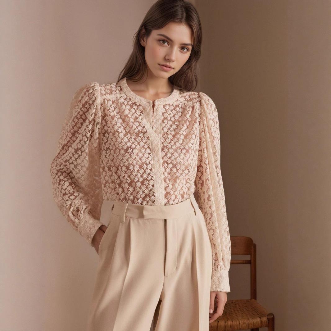 European and American early spring new elegant women s flower hollow shirt round neck temperament lace top S