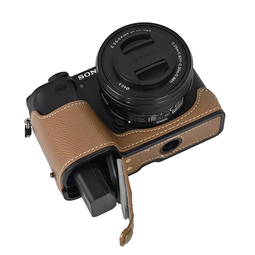 PU kožené pouzdro na polovinu těla fotoaparátu s potiskem dlaně pro Sony A6400 A6300 A6000 A6100, spodní kryt s otvorem na baterii a popruhem na ruku