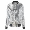 Women's Autumn Shiny Sequin Jacket Long Sleeve Front Zip Loose Coat Ribbed Cuffs Elegant Glitter Outerwear