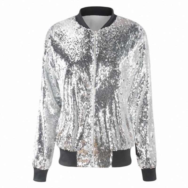 Women's Autumn Shiny Sequin Jacket Long Sleeve Front Zip Loose Coat Ribbed Cuffs Elegant Glitter Outerwear
