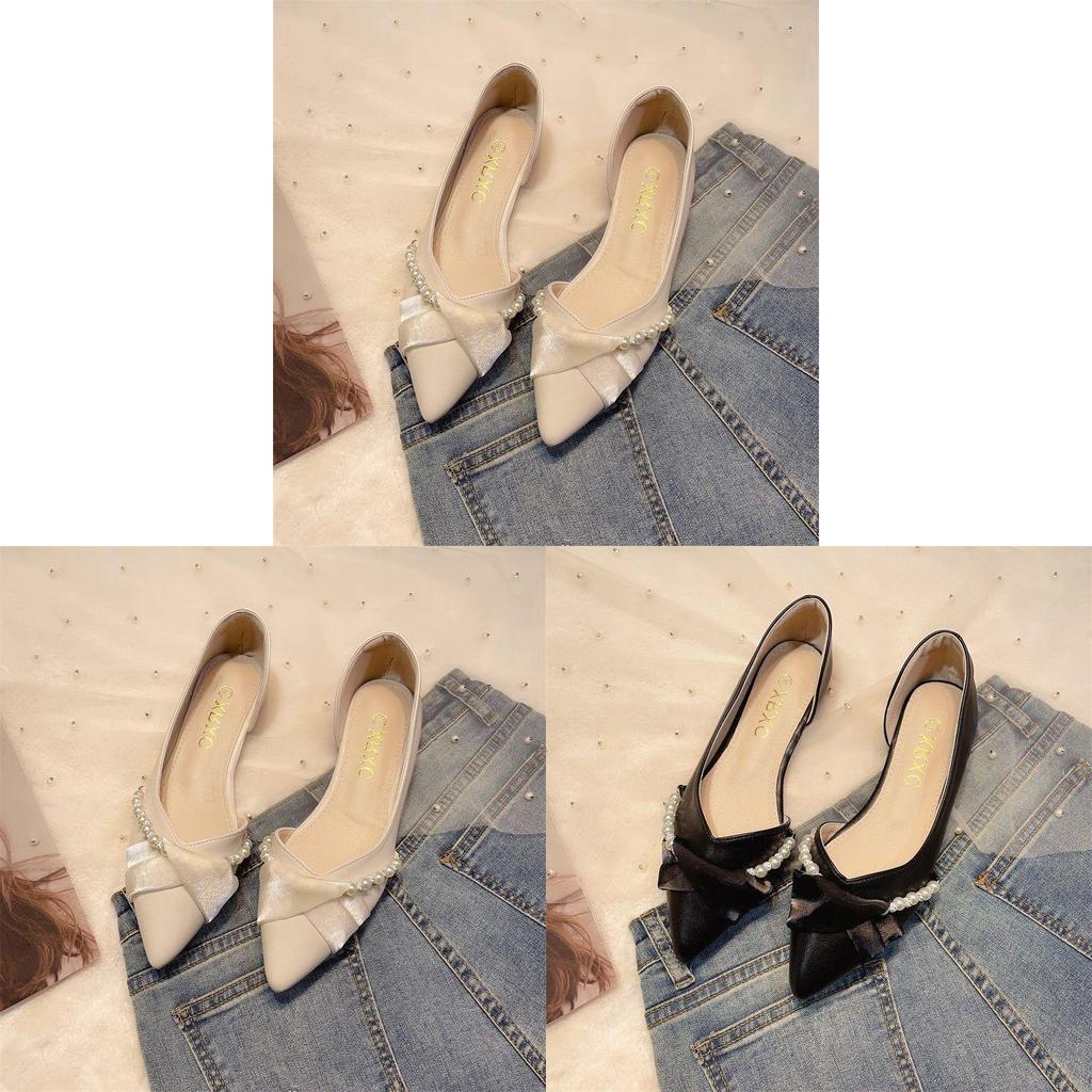 Small Fragrance Style Flat Shoes For Women With Pearl Side Cutouts And Elegant Design