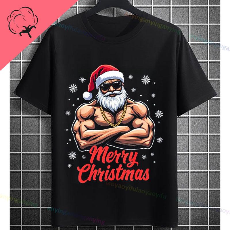 Funny Muscular Santa Christmas Gym Graphic Tshirt Casual Sports Humor Style Pure Cotton Shortsleeve Tshirt Outdoor Clothing