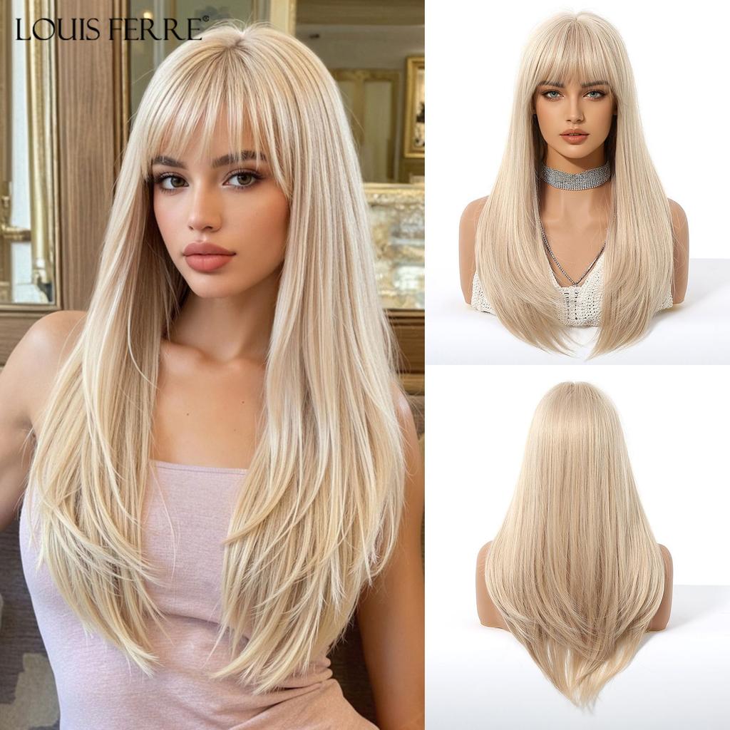 LOUIS FERRE Brown Base Blonde Highlights Medium Straight Layered Wig With Bangs Synthetic Hair Heat Resistant Women Daily Party