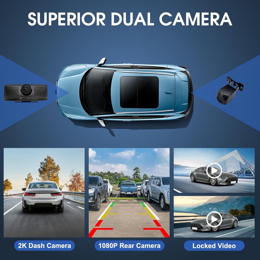 8.1' Portable CarPlay Screen with 2K Dash Cam, Android Auto, 1080P Backup Camera, GPS, Voice Control
