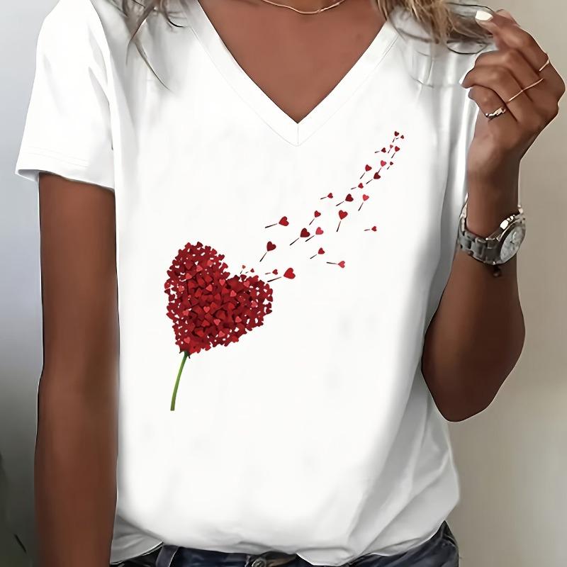 

A Beautiful and Vibrant Love Dandelion Printed T-shirt, Women s V-neck Top, Casual and Fashionable, Suitable for Spring and Summer Women s Wear S