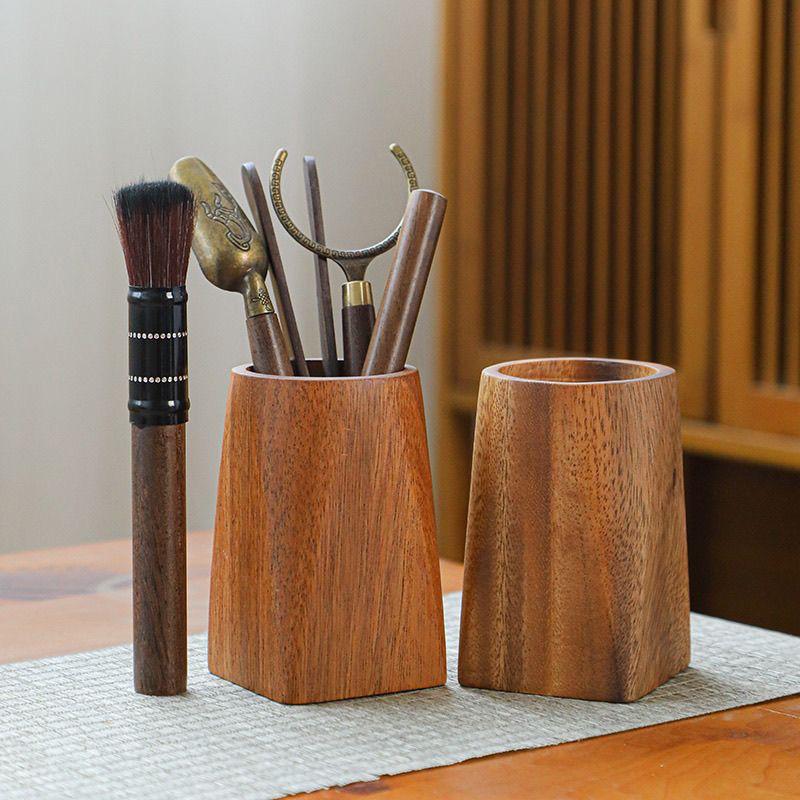 Vintage Wood Pen Holder Minimalist Large-Capacity Storage Pencil Box Portable Makeup Brush Holder Table Organizer Pot