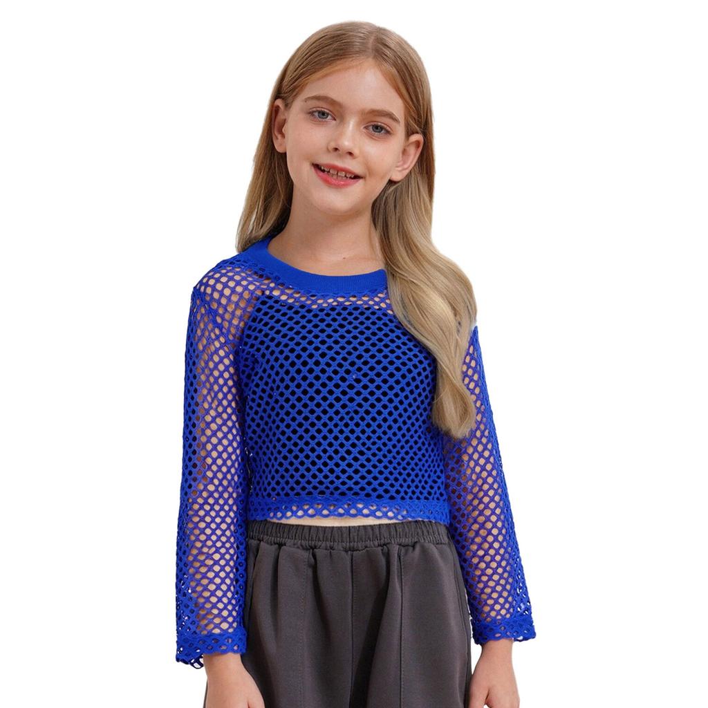 Maglietta da ragazza a rete trasparente con trafori, girocollo a coste, manica lunga, crop top, top per skateboard, hip hop, street dance