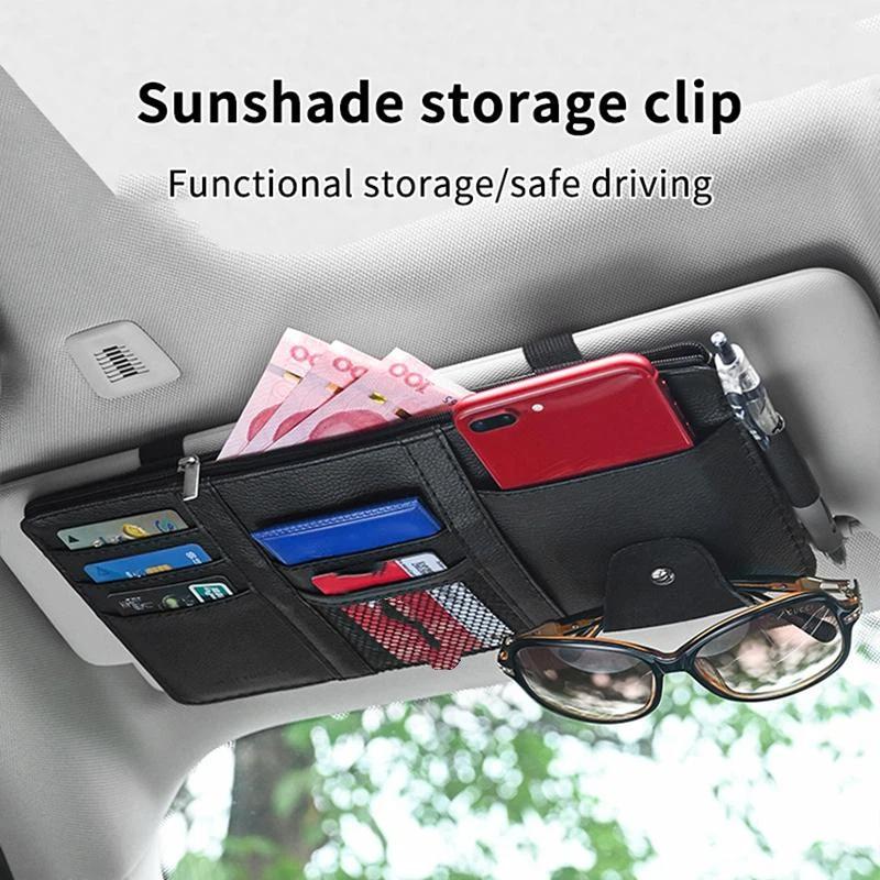 Sunshade Storage Bag Pu Leather Multi-Pocket Net Zipper Car Sun Visor Organizer Sunglasses Holder For Car Interior Accessories