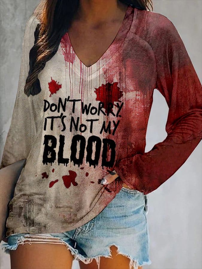 Halloween Bloody Print 3D Graphic Long Sleeve T-Shirt Casual V-Neck Top Polyester Breathable Women's Fashion Apparel