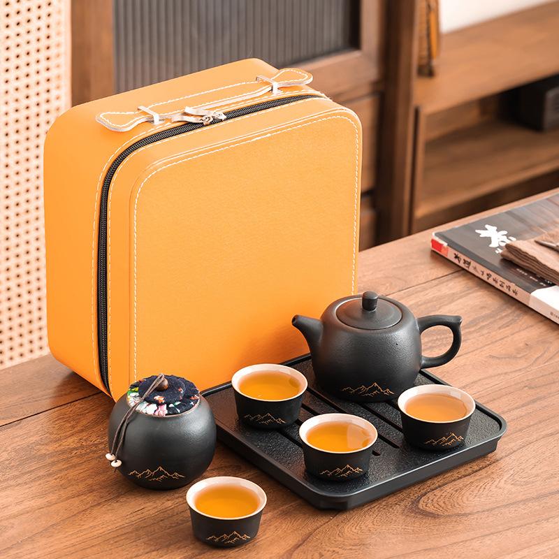 Premium Kung Fu Tea Set Small Set Light Luxury Black Pottery Set Business Companion Ceremony Printing Premium Complete Set Portable Tea Set