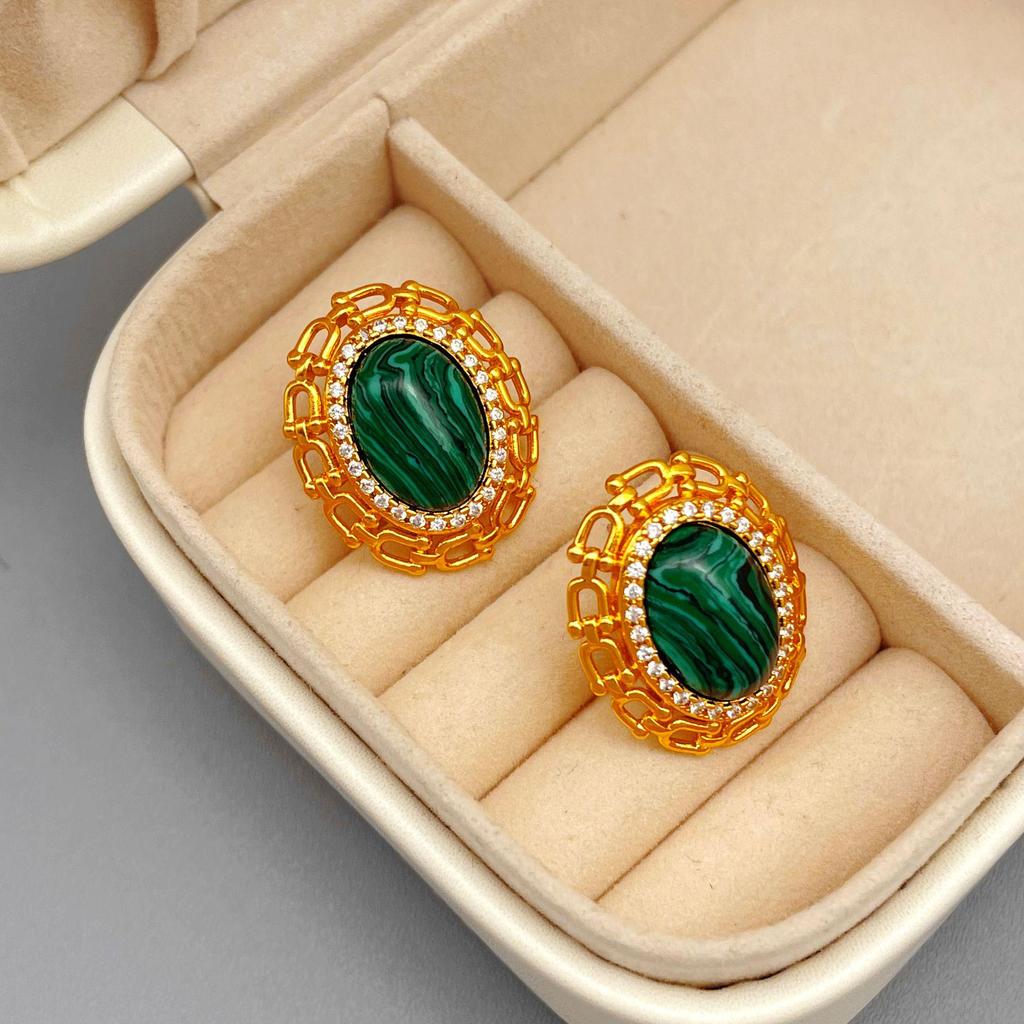 Retro Luxury Malachite & Zircon Stud and Dangle Earrings