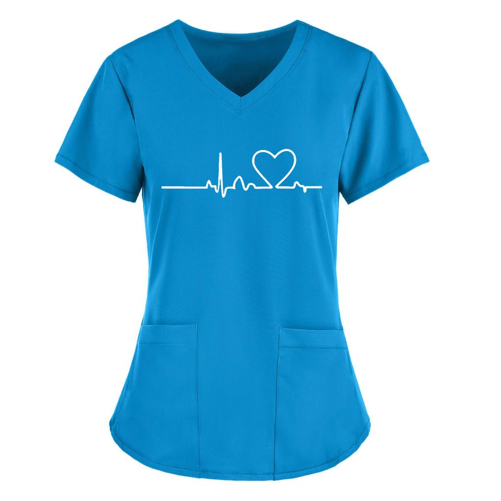 Women Short Sleeve V-neck Tops Working  Solid Color Pocket Blouse