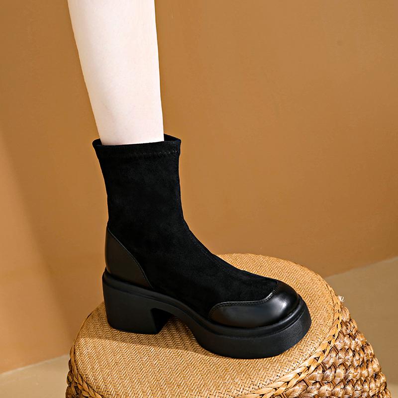 Fashion Fashion Simple Platform Heightened Short Boots Women's Autumn and Winter New Round Toe Sleeve Block Heel Socks Boots