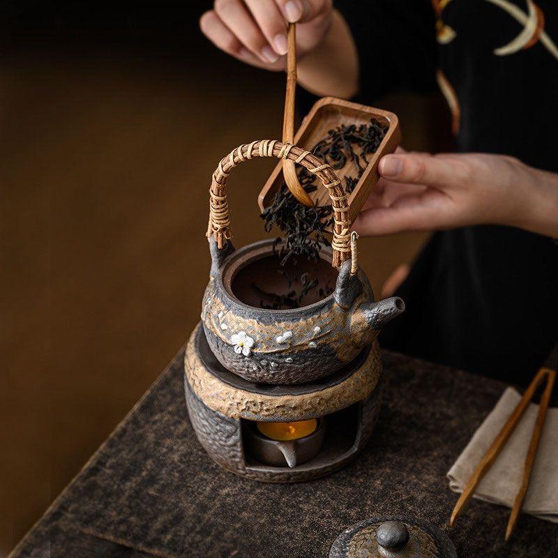 Vintage Japanese Style Rustic Ceramic Tea Kettle / Heating Base - Portable Handle Teapot for Home Use