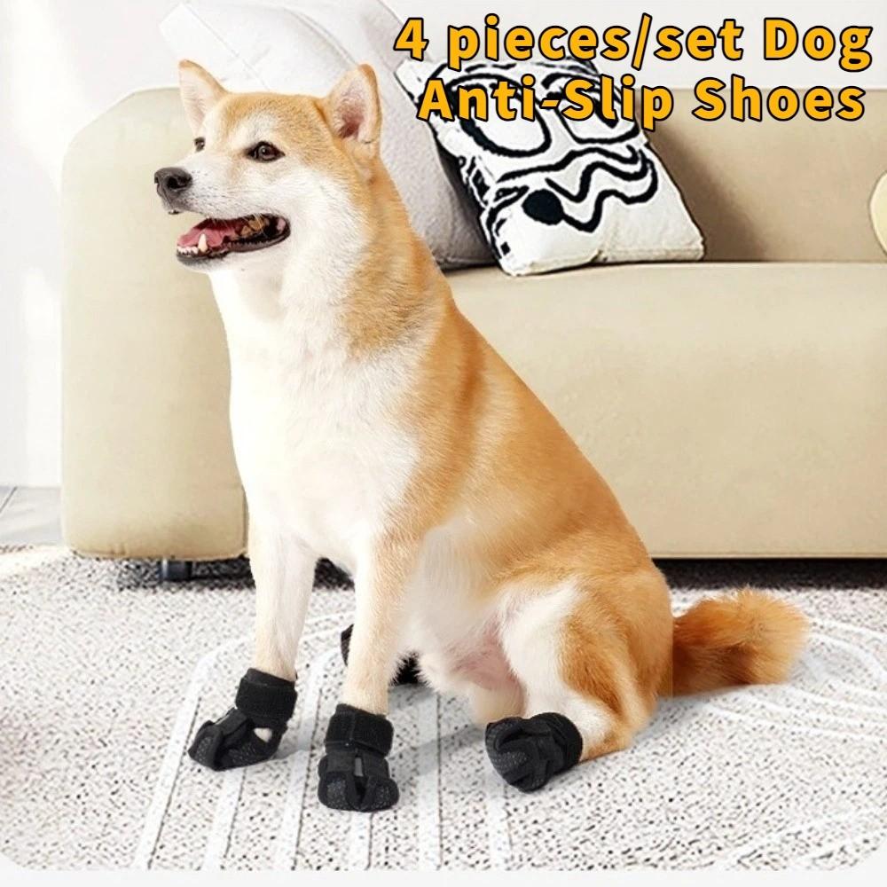 4pcs/set Adjustable Dog Anti-Slip Shoes Comfortable Self Adhesive Pet Foot Covers Breathable Wear-Resistant Dog Walking Shoes