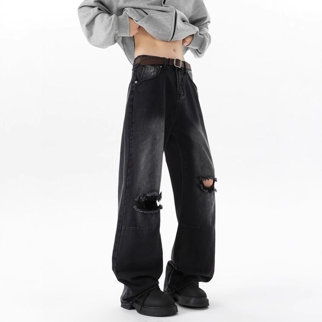 American street ripped jeans men's spring retro washed old straight pants large size design beggar pants