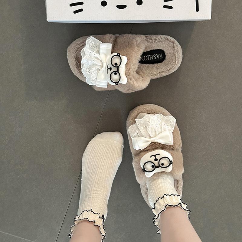 Niche cute cartoon fluffy shoes for women's autumn and winter new thick-soled outer wear warm and height-increasing cotton slippers