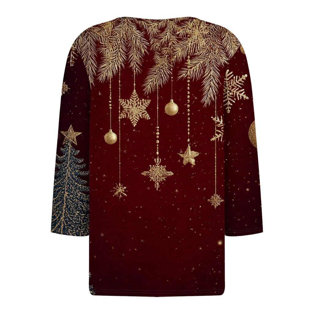 Women's Casual Fashion V-neck Loose Versatile Christmas Print Three-quarter Sleeve Top