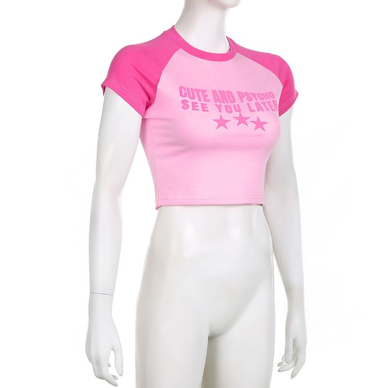 Y2K Letter Printed Pink Street Personality Spicy Girl Exposed Navel Slim Fit Round Neck T-shirt